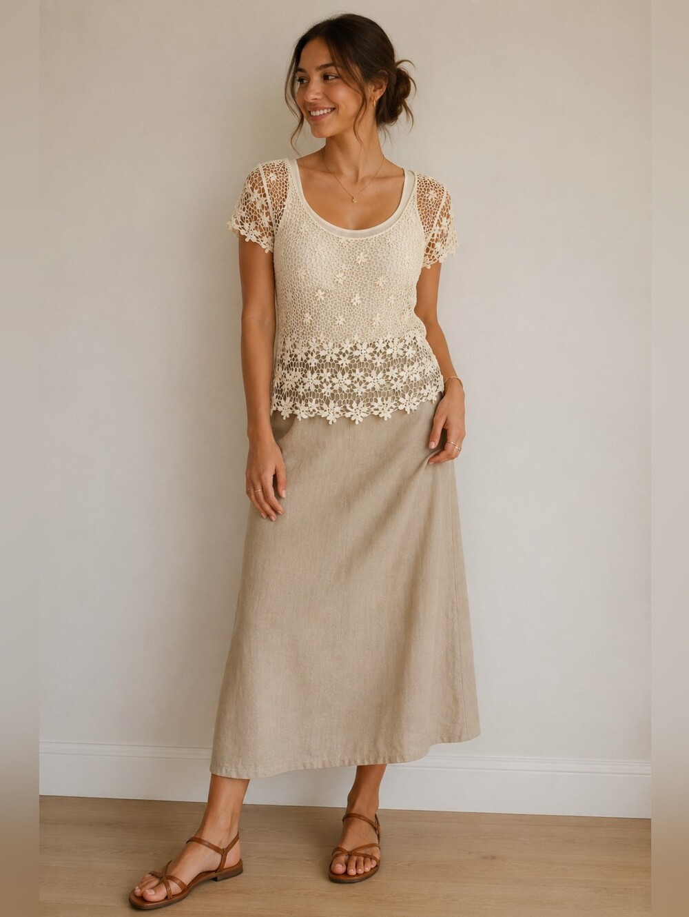 Cream Crochet floral knit short sleeve BOHO top Size Med